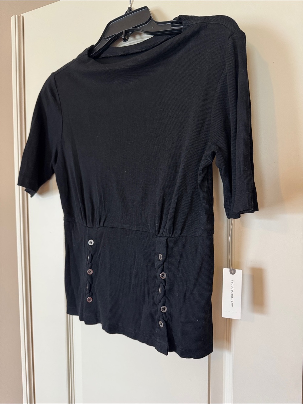 Pilcro Black Short Sleeve Knit Top with Button Accent - Picture 2 of 3